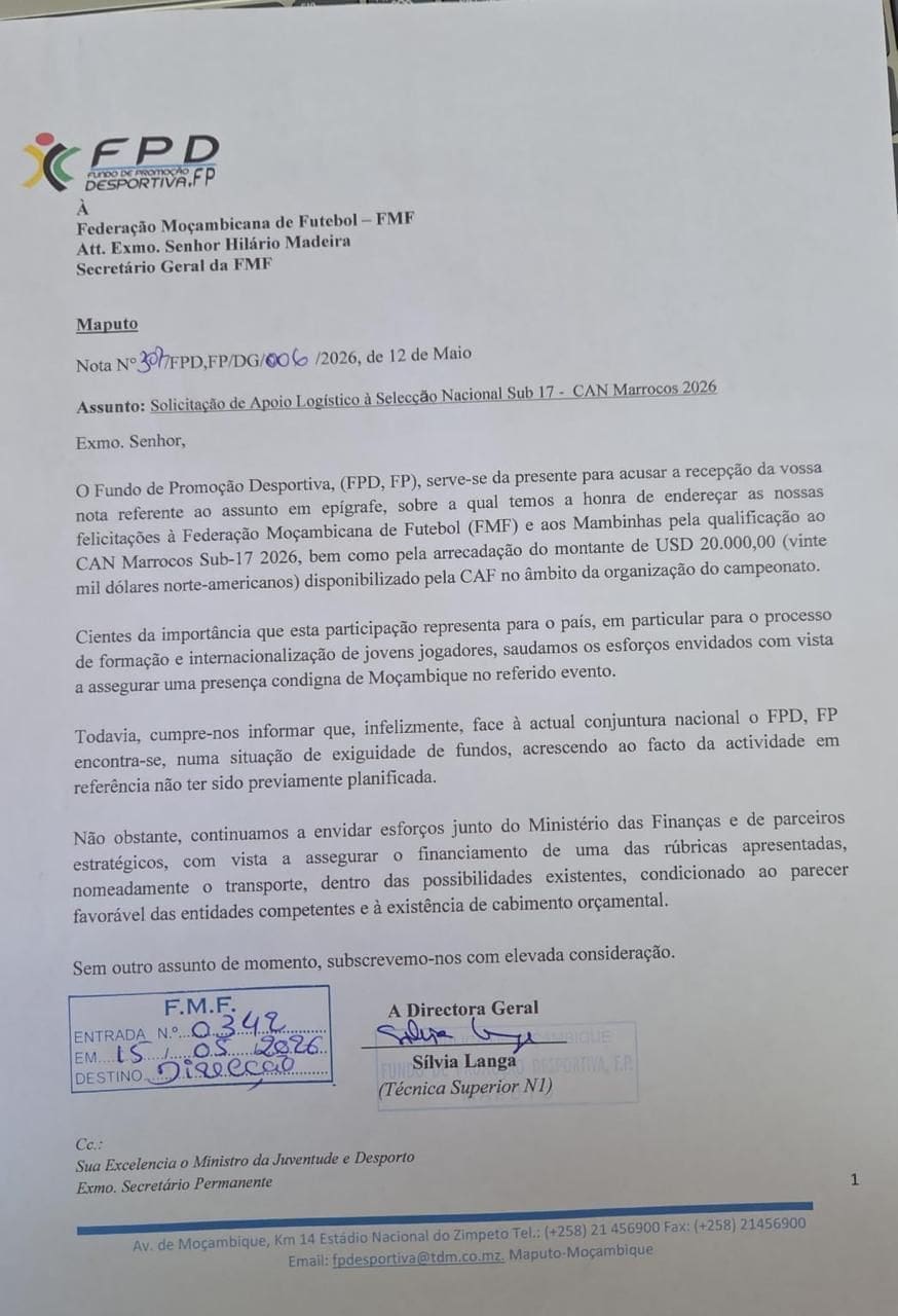 FUNDO DE PROMOÇÃO DESPORTIVA ADMITIU FALTA DE DINHEIRO À FMF E DISSE “PARABÉNS” PELOS USD 20 MIL DA CAF FUNDO DE PROMOÇÃO DESPORTIVA ADMITIU FALTA DE DINHEIRO À FMF E DISSE “PARABÉNS” PELOS USD 20 MIL DA CAF